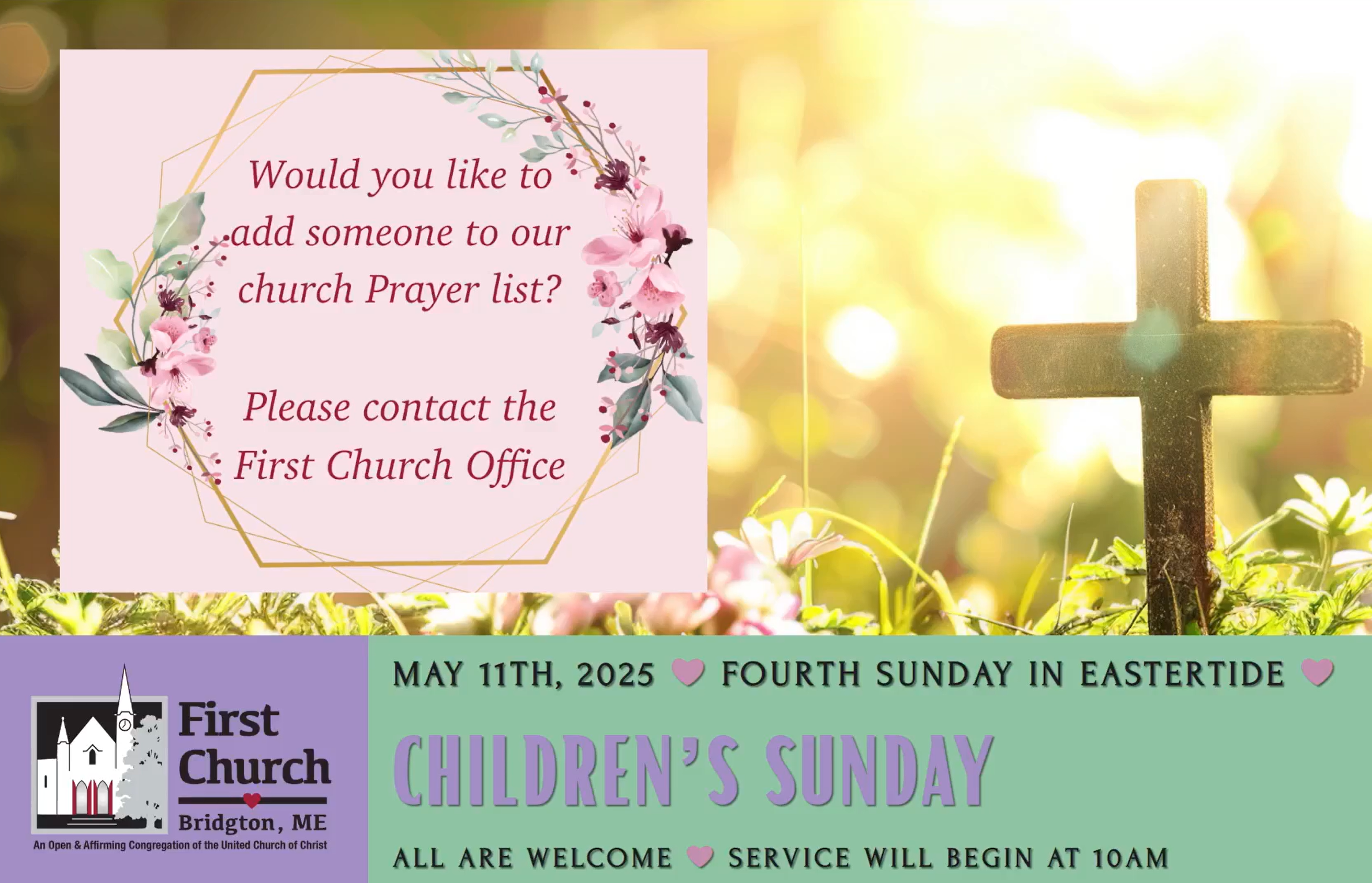screenshot of the opening slide of the service's livestream on Facebook. Text reads "Children's Sunday, May 11th, God is still speaking, all are welcome, service will begin at 10 am." Photo of a cross in a sunny garden.