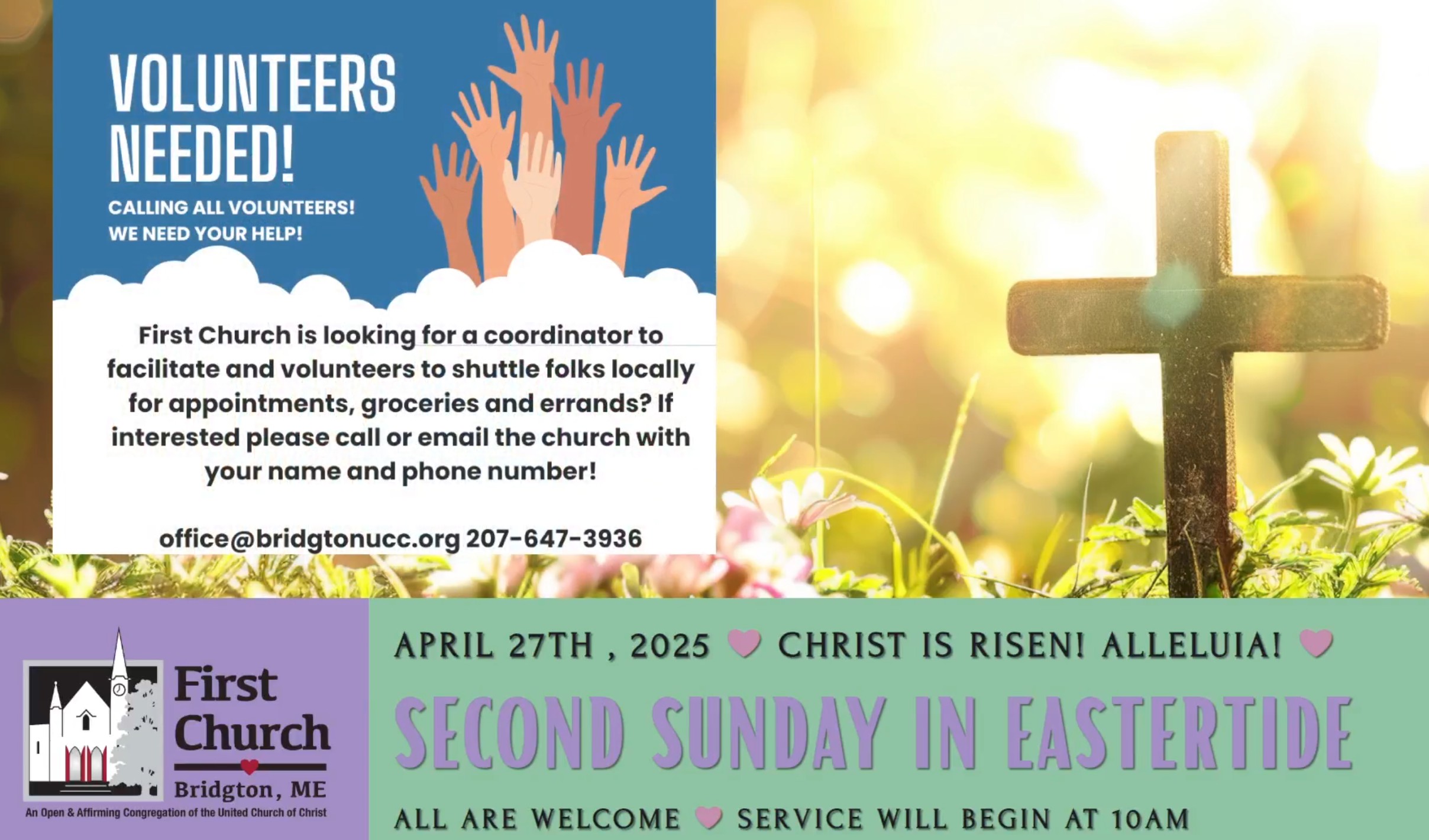 screenshot of the opening slide of the service's livestream on Facebook. Text reads "Easter Sunday, April 27th, God is still speaking, all are welcome, service will begin at 10 am." Photo of a cross in a sunny garden.