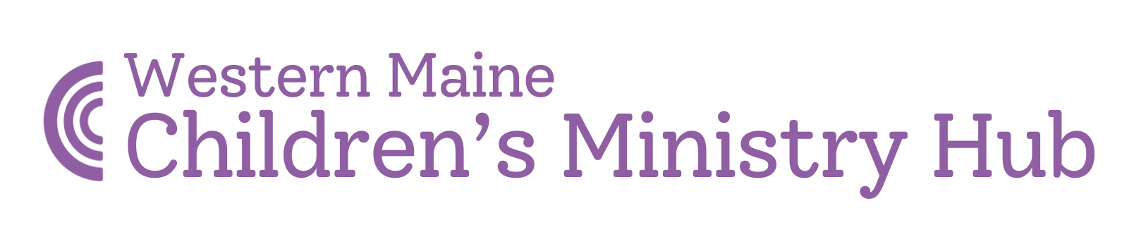 logo for Western Maine Children’s Ministry Hub. Font in purple with a sideways purple rainbow to the left of the text